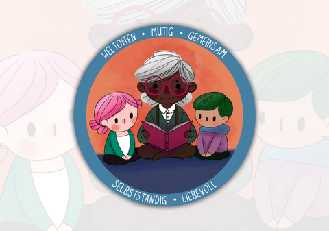 KiBuLe-Logo: Zwei Kinder sitzen um eine alte Frau, die aus einem Kreis-A Buch vorliest