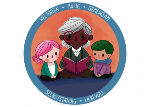 KiBuLe-Logo: Zwei Kinder sitzen um eine alte Frau, die aus einem Kreis-A Buch vorliest
